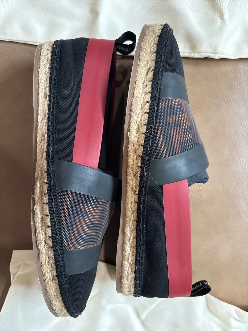 Fendi Black and Red Logo-Panel Espadrille Flats size 36 6